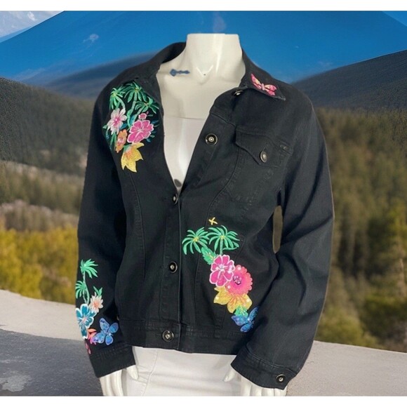 Y2K DG2 by Diane Gilman DenimJacket M Embroidered FloralTropical Bright Cottage - Picture 1 of 6